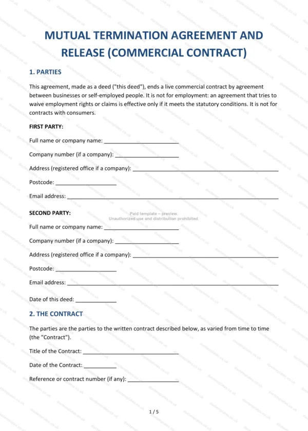 Mutual Termination Agreement and Release (Commercial Contract) — Word & PDF Template