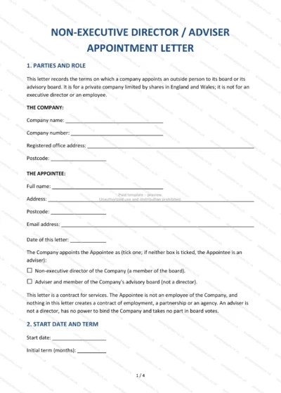 Non-Executive Director / Adviser Appointment Letter, template preview, page 1 of 4