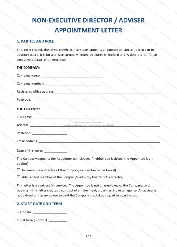 Non-Executive Director / Adviser Appointment Letter — Word & PDF Template