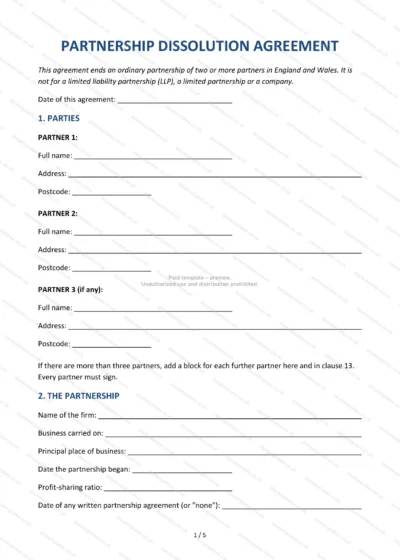 Partnership Dissolution Agreement, template preview, page 1 of 5