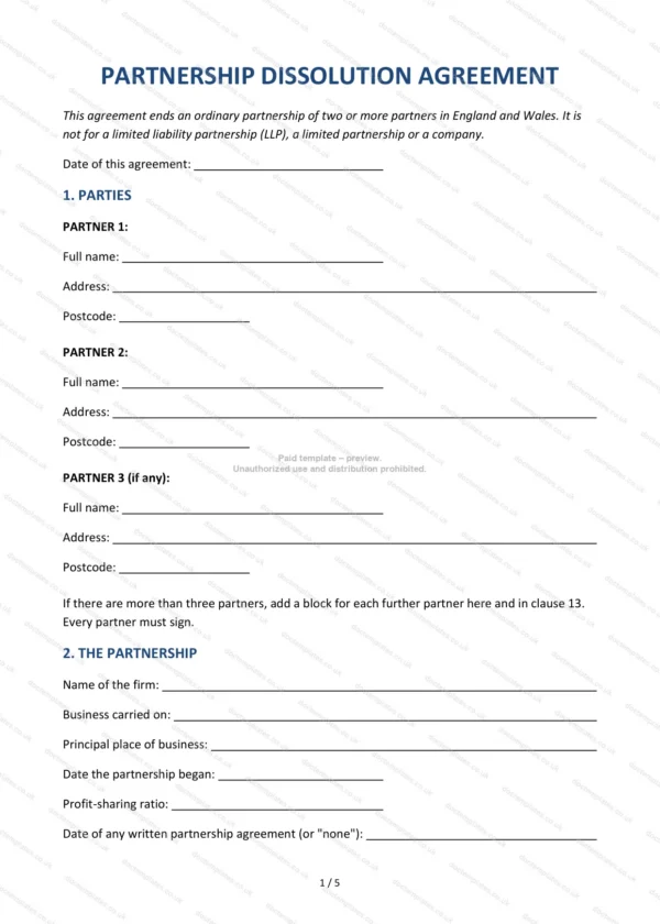 Partnership Dissolution Agreement — Word & PDF Template