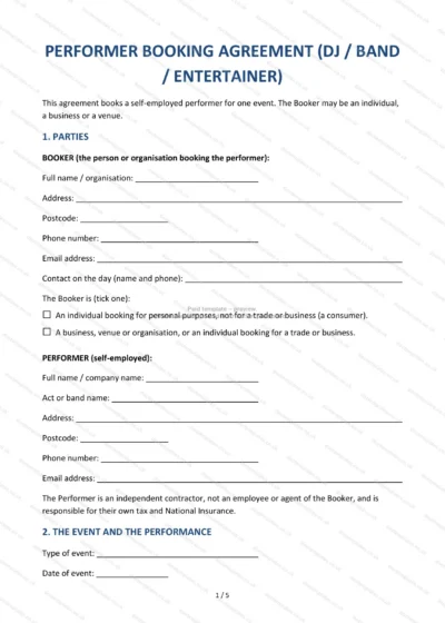 Performer Booking Agreement (DJ / Band / Entertainer), template preview, page 1 of 5