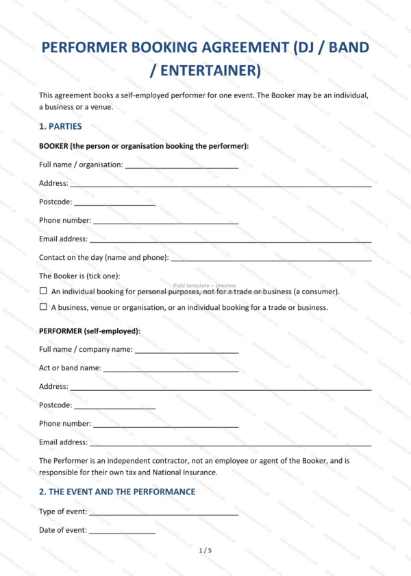 Performer Booking Agreement (DJ / Band / Entertainer) — Word & PDF Template