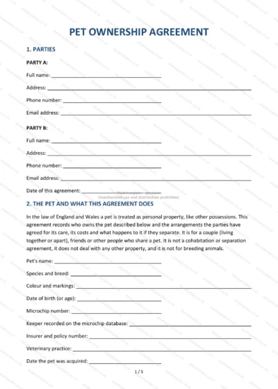 Pet Ownership Agreement, template preview, page 1 of 5
