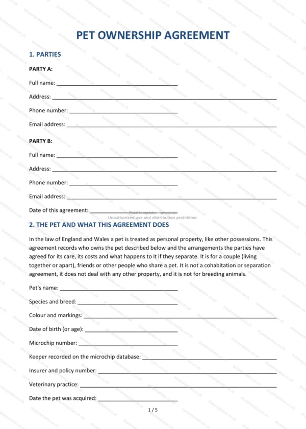 Pet Ownership Agreement — Word & PDF Template