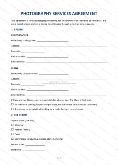 Photography Services Agreement, template preview, page 1 of 5