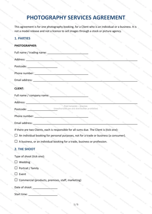 Photography Services Agreement — Word & PDF Template