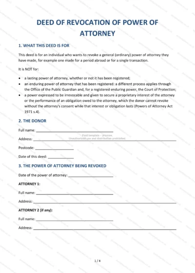 Deed of Revocation of Power of Attorney, template preview, page 1 of 4