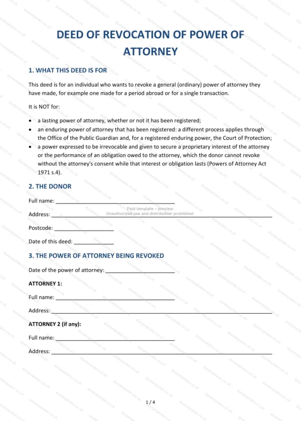 Deed of Revocation of Power of Attorney — Word & PDF Template