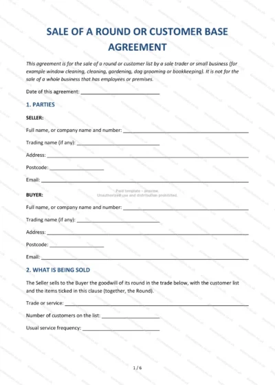 Sale of a Round or Customer Base Agreement, template preview, page 1 of 6