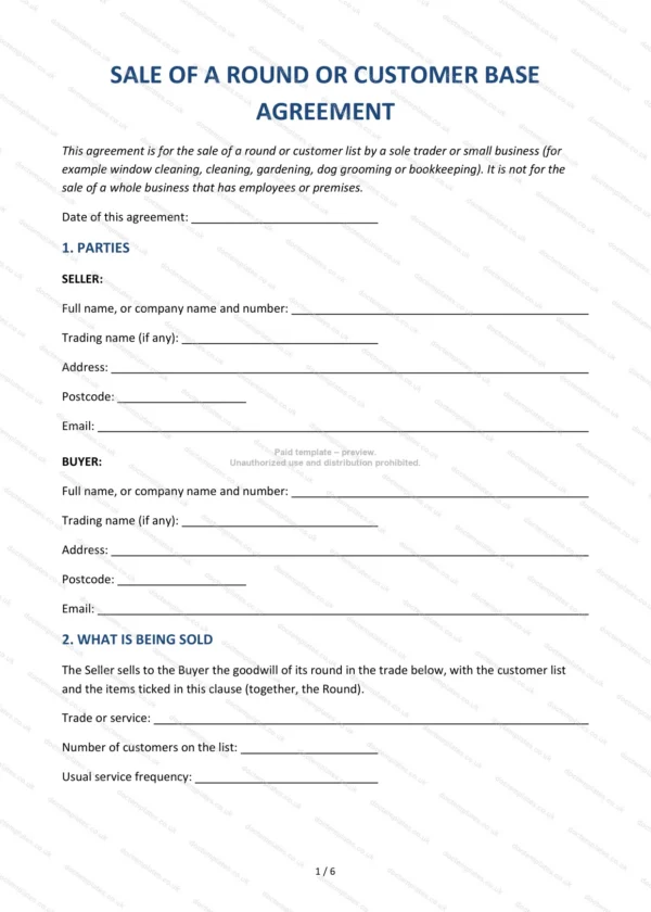 Sale of a Round or Customer Base Agreement — Word & PDF Template