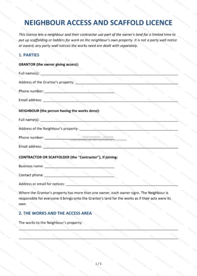Neighbour Access and Scaffold Licence, template preview, page 1 of 5