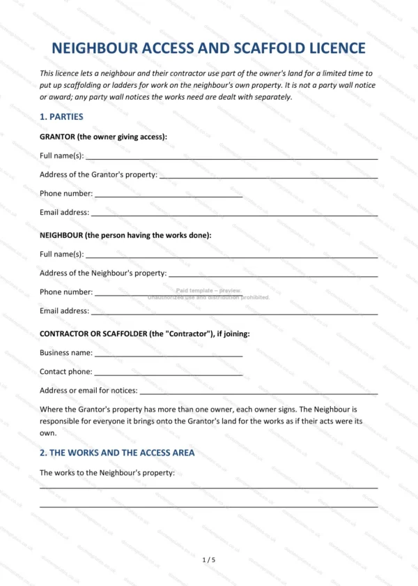 Neighbour Access and Scaffold Licence — Word & PDF Template