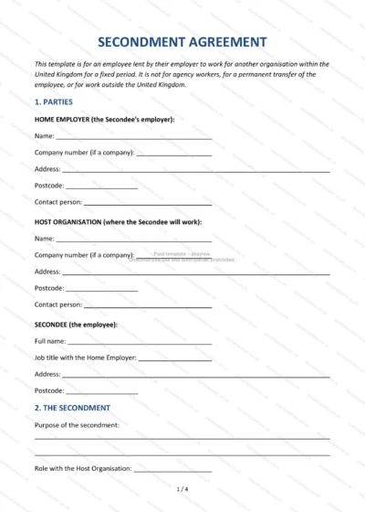 Secondment Agreement, template preview, page 1 of 4
