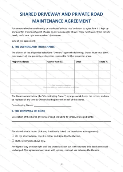 Shared Driveway and Private Road Maintenance Agreement, template preview, page 1 of 5