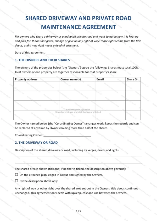 Shared Driveway and Private Road Maintenance Agreement — Word & PDF Template