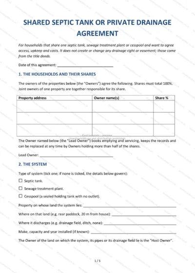 Shared Septic Tank or Private Drainage Agreement, template preview, page 1 of 5