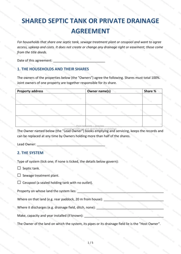 Shared Septic Tank or Private Drainage Agreement — Word & PDF Template