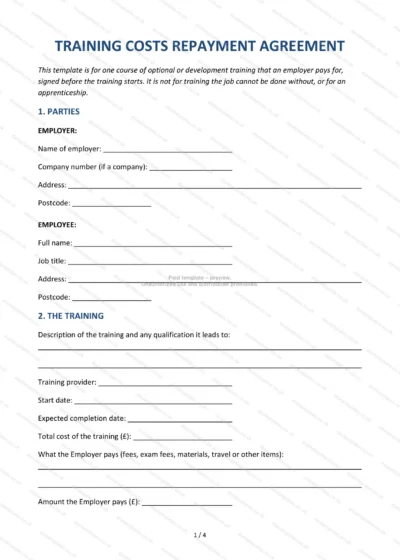 Training Costs Repayment Agreement, template preview, page 1 of 4