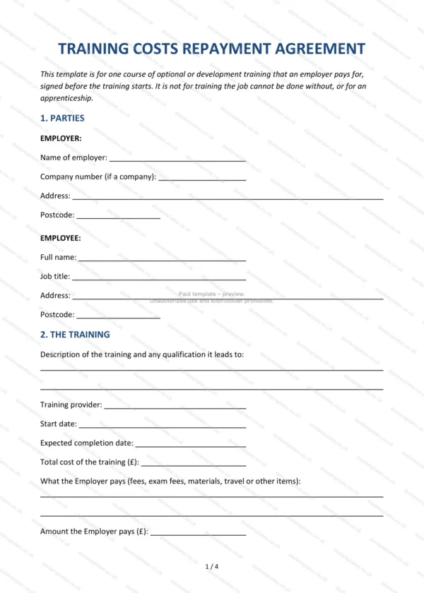 Training Costs Repayment Agreement — Word & PDF Template