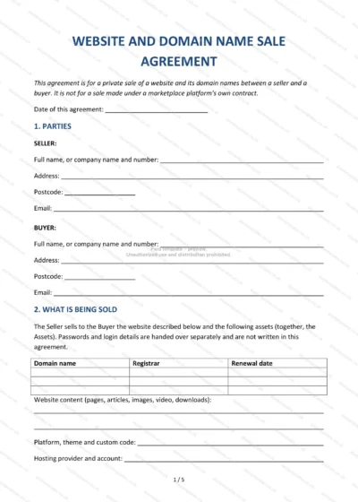 Website and Domain Name Sale Agreement, template preview, page 1 of 5