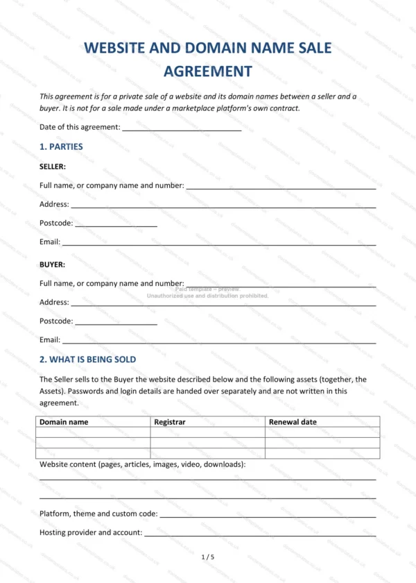 Website and Domain Name Sale Agreement — Word & PDF Template